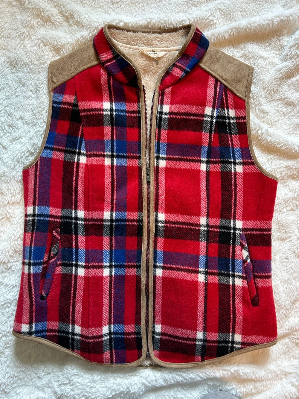 entro Red Plaid Fleece Vest with Tan Trim